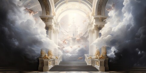 AI Generated. AI Generative. Baroque heaven inner space gate. Religion architecture temple entrance god sun meet fantasy gothic vibe. Graphic Art