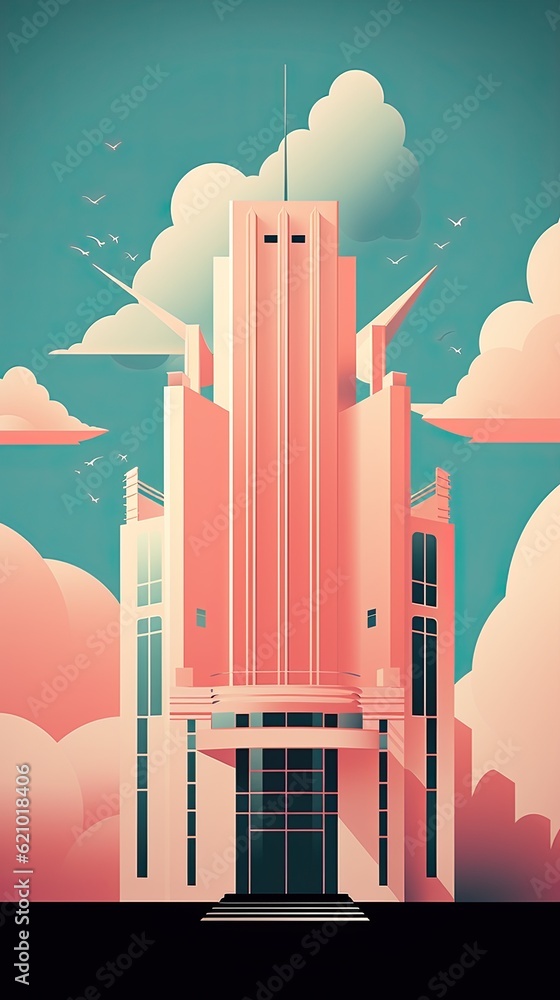 Aufkleber a large building with a clock on top of it. generative ai. poster in art deco style. digital wallpap
