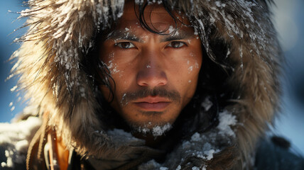Portrait of an Inuit man with a furry snow-covered hood. - obrazy, fototapety, plakaty