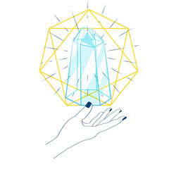 Fototapeta na wymiar Outline Crystal. Curative Transparent Healing Quartz with Boho Hand. Gradient Clear Bright Gem with Frame. Magic Stone 