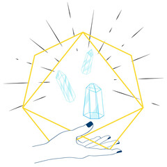 Outline Crystal. Curative Transparent Healing Quartz with Boho Hand. Gradient Clear Bright Gem with Frame. Magic Stone
