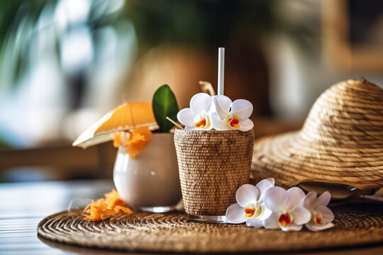 Free photo coconut cocktail decorated plumeria, straw hat and sunglasses on the table photography