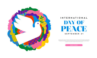 International day of peace colorful diverse people faces together and dove