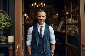 Fototapeta premium Successful male owner standing at the café entrance. Coffee shop owner. Generative AI