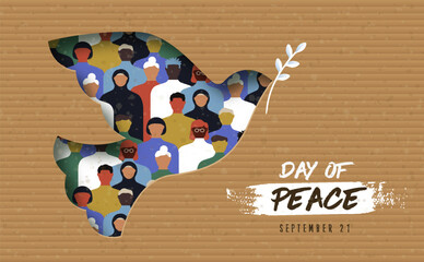 International day of peace vector card, paper cut dove symbol with people group