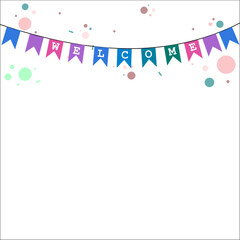 Colorful Party Flags With Confetti And Ribbons Falling on white background. Celebration Event and welcome. Multicolored. Vector.