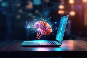 Obraz na płótnie Canvas A smart artificial intelligence concept shows a hologram of the human brain against the background of a contemporary laptop. Multiexposure