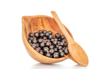 A few sweet black currant berries in a wooden cup with a wooden spoon, macro, isolated on a white background.