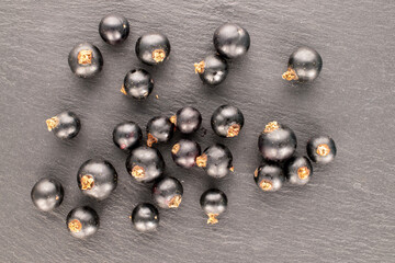 Several sweet black currant berries  on slate stone, macro, top view.