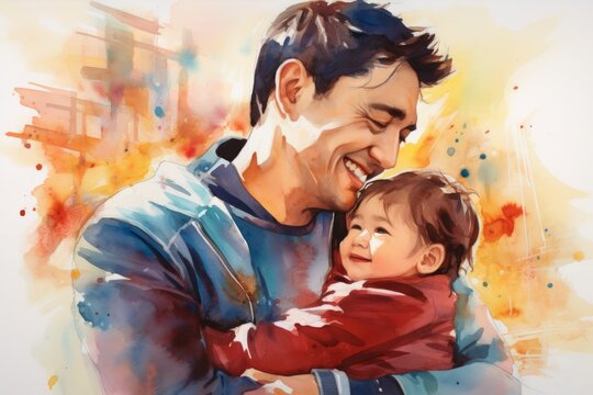 Asian father and son hugging against watercolor painted background. Ai generated.