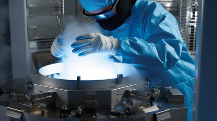 A man in a blue uniform is welding something. Generative AI. Unrecognisable workers in protective wear working in cryogenic storage room.