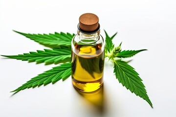 On a white backdrop with copy space, a bottle containing medical cannabis oil extract and marijuana is shown. Selective Intensification