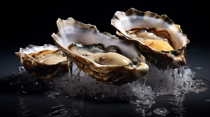 Food photography background - Delicious fresh opened oysters on ice, isolated on black background...