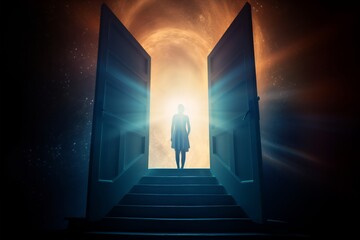 Fototapeta premium Silhouette, Person, Bright Doorway, Life After Death, Spirituality, Light, Transition, Afterlife, Mystery, Threshold, Death Experience, Hope
