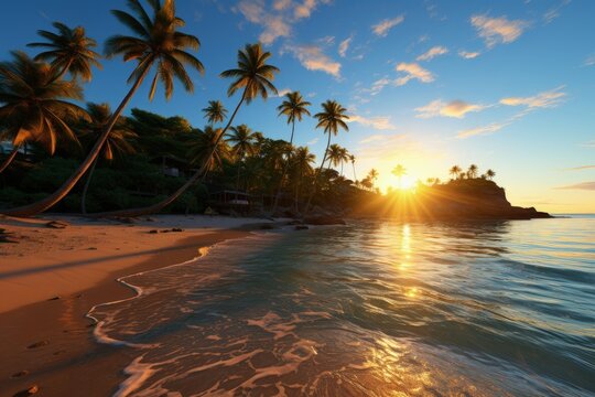 Sandy beach ocean desert island and sunset