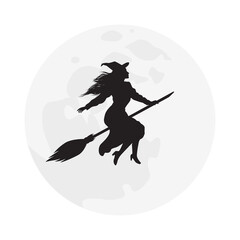 Halloween background with a silhouette of a witch flying on a broomstick against full moon. Woman with a broom. Illustration on transparent background