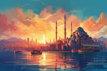 Naklejka premium Sunset landscape in Istanbul, Turkey - mosque, ships, birds, watercolor style. Generative AI
