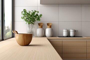A modern white kitchen with a counter in the background Empty ceramic tile decoration for showcasing mockup goods