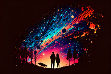 A couple in love against the background of the night sky with falling comet and cosmic dust in the universe. Digital art, a landscape with stars among a colorful galaxy.