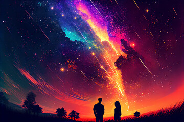 A couple in love against the background of the night sky with stars and cosmic dust in the universe looks at the milky way. Digital art, a landscape with gradient stars among a colorful galaxy