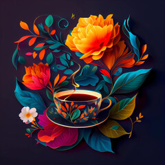 Flowers in a cup of tea. Creative concept of fragrant flower tea. Bright postcard invitation to a tea party.