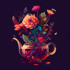 Glass teapot with a bouquet of flowers. Digital illustration. Ideal for greetings, postcards, posters, congratulations, menu, tea shop or shop