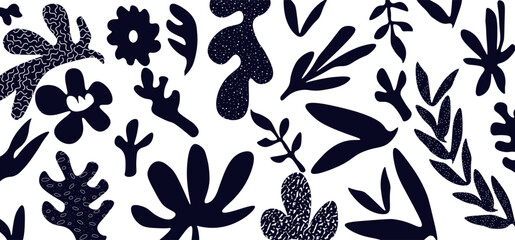 Monochromatic vector background with scattered abstract black leaves, flowers and other botanical elements. Random cutout dark tropical foliage collage, ornamental texture, cute decorative pattern