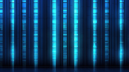 Fototapeta premium Seamless skyscraper facade with blue tinted windows and blinds at night. Generative Ai
