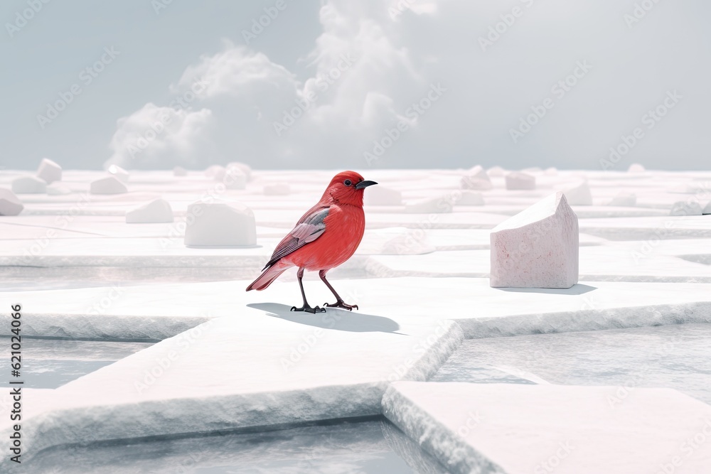 Poster white ground with a red bird. made using generative ai tools
