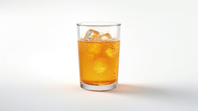 From the peak, an orange soda drink in a glass is seen alone against a white background. made using generative AI tools