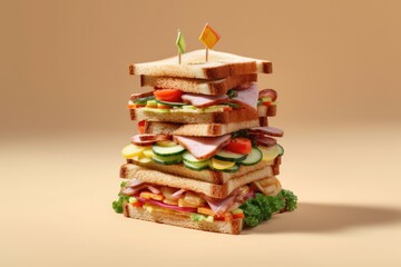 A delicious bread sandwich with ham slices and other ripe veggies is exhibited on a white table in the studio.