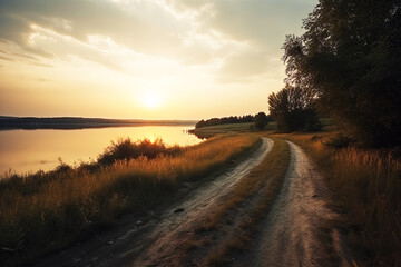 Naklejka na ściany i meble Landscape of an empty road leading to the lake by sunset. Generative AI.