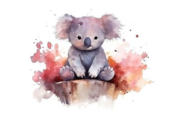 digital watercolor Koala relaxing in a sweet digitally generated cartoon picture that is put by itself on a white background. adorably little creatures in watercolor