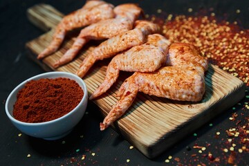 Raw meat chicken wings in spices lies on a wooden cutting board. Raw food for cooking.
