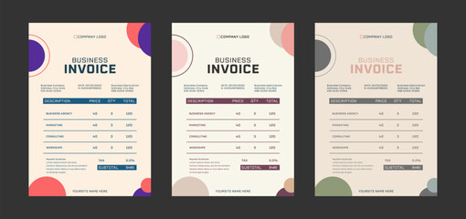 Business invoice form set template design. Invoicing tax, bills subtotal price invoices and payment agreement design templates. Tax form, bill marketing agency payment receipt page vector set invoices
