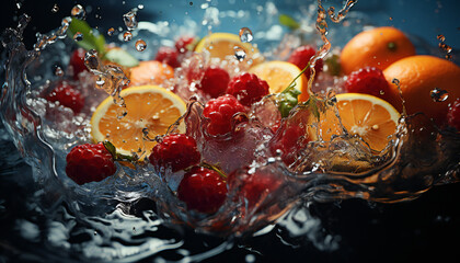 Fototapeta na wymiar Photographic still life of oranges and raspberries in water. Illustration AI