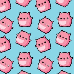 Seamless pattern of cute chubby fat pig sticker on pink background.Farm animal character cartoon design.Baby clothing.Kawaii.Vector.Illustration.