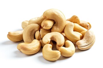 On a white backdrop, there are fresh cashews and cashew nuts. On a white background, there are fresh cashew nuts. A clipping route exists.