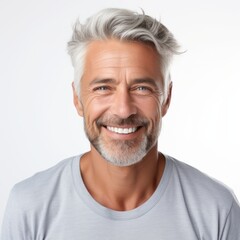 Fototapeta a closeup photo portrait of a handsome old mature man smiling with clean teeth. for a dental ad. guy with fresh stylish hair and beard with strong jawline. isolated on white background. Generative AI obraz