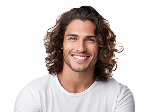 a closeup photo portrait of a handsome latino man smiling with clean teeth. for a dental ad. guy with long stylish hair and beard with strong jawline. isolated on white background. Generative AI