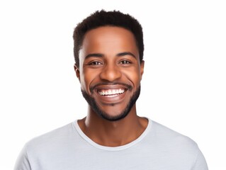 a closeup photo portrait of a handsome black afro american man smiling with clean teeth. for a dental ad. guy with beard with strong jawline. isolated on white background. Generative AI
