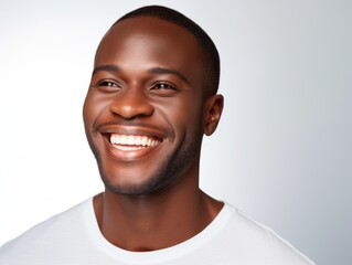 a closeup photo portrait of a handsome black afro american man smiling with clean teeth. for a dental ad. guy with beard with strong jawline. isolated on white background. Generative AI