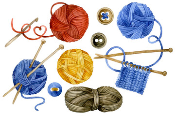 watercolor drawing. set with balls of wool for knitting, knitting needles, crochet hook. needlework vintage illustration. - obrazy, fototapety, plakaty