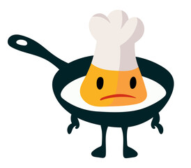 upset fried egg character isolated on frying pan in chef hat funny cartoon y2k vector illustration