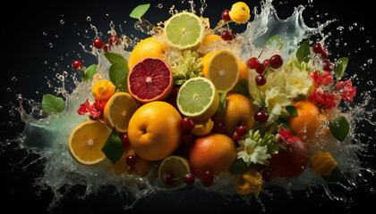 Fototapeta na wymiar Recreation artistic of citrus as oranges, limes and grapefruits and cherries . Illustration AI