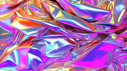 Seamless iridescent silver holographic crumpled chrome foil vaporwave background . Generative Ai