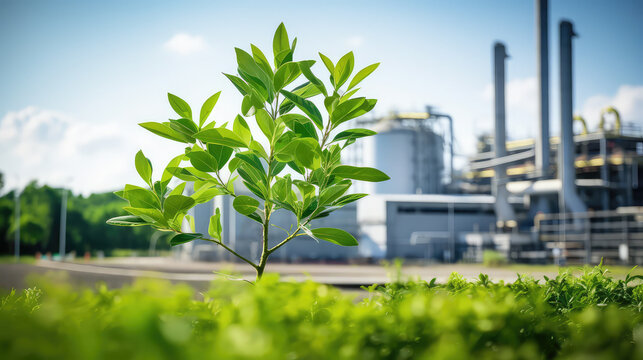 Chemical plant smoke green tree growing environmental problem alert
