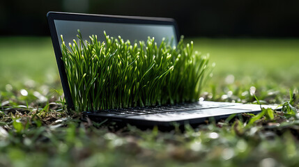 Green grass growing from computer keyboard. Environmental protection concept