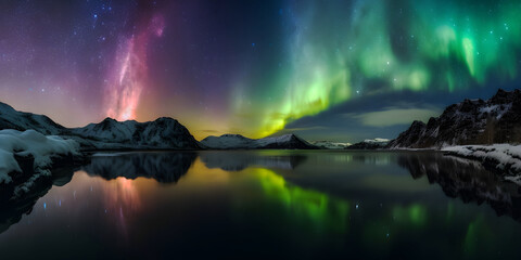 Aurora Borealis, Milky Way and Starry Sky Reflecting in Tranquil Waters