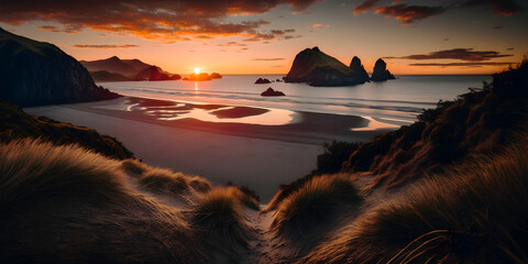 Golden Sunset on New Zealands Beach, Serene Coastal Scenery with Vibrant Colors